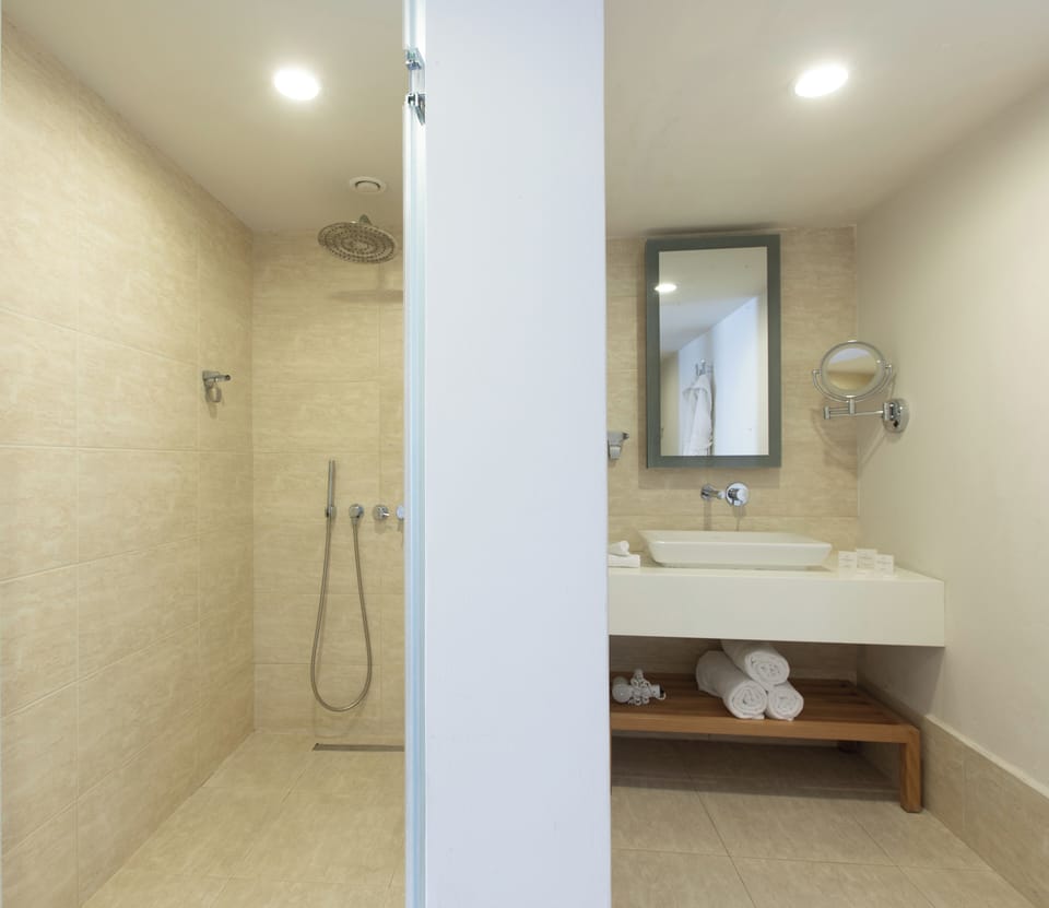 Shower, eco-friendly toiletries, hair dryer, towels