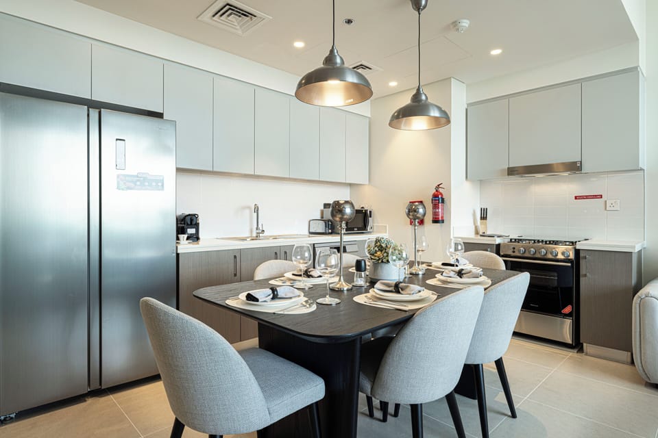 Luxury Apartment | Private kitchen | Full-size fridge, microwave, oven, stovetop