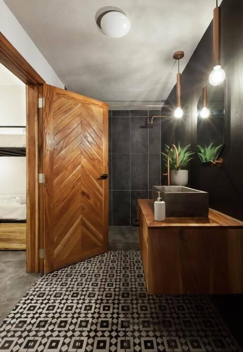 Shower, rainfall showerhead, bathrobes, towels