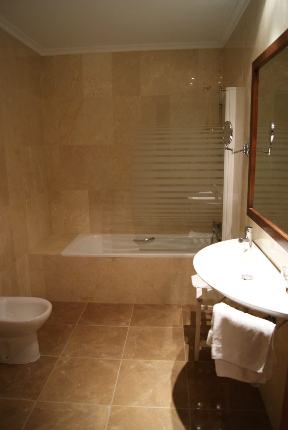 Combined shower/tub, hair dryer, bidet, towels