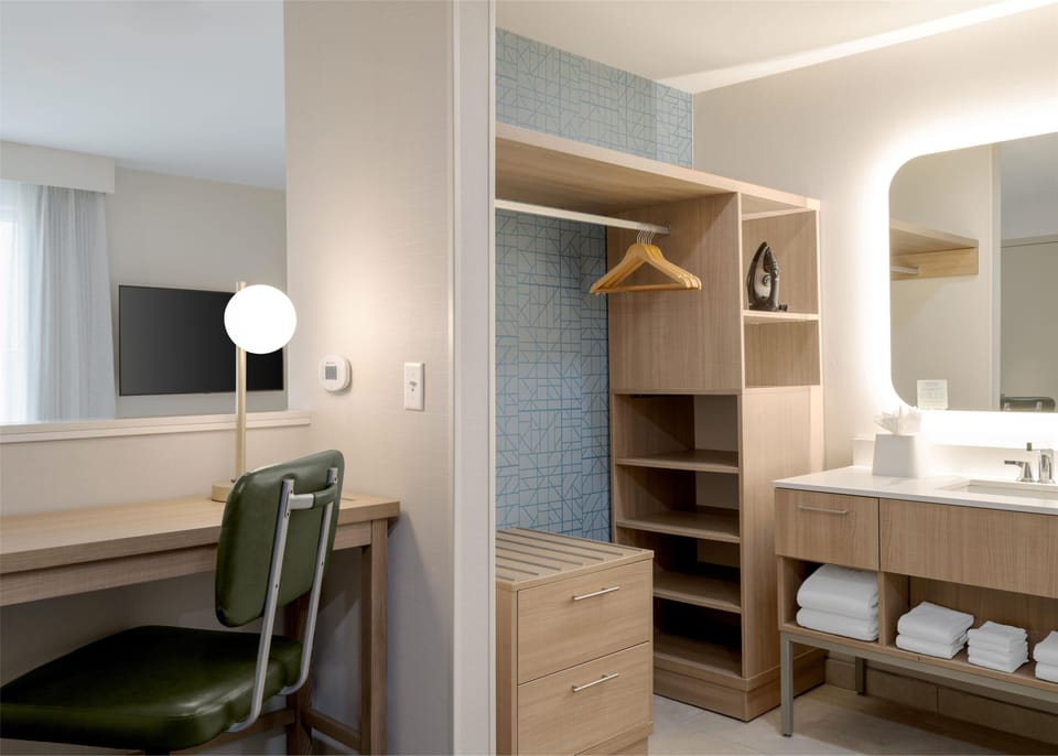 Suite, 1 King Bed (Efficiency) | Desk, laptop workspace, blackout drapes, iron/ironing board