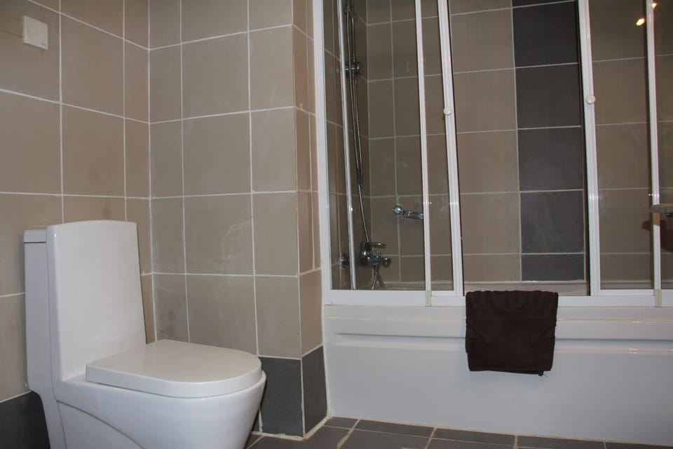 Combined shower/tub, deep soaking tub, free toiletries, hair dryer