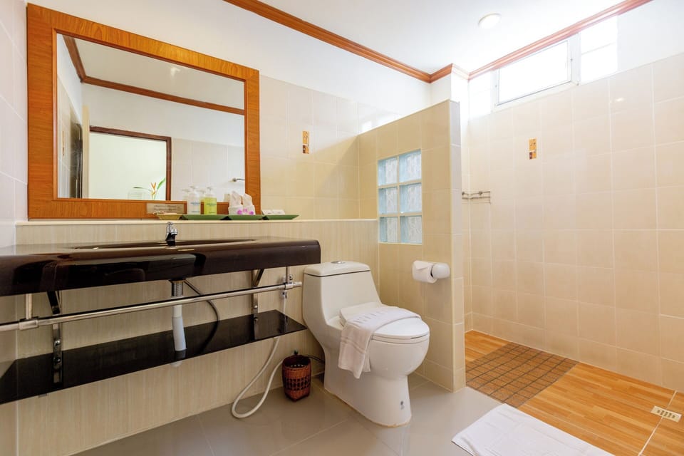 Shower, free toiletries, hair dryer, slippers