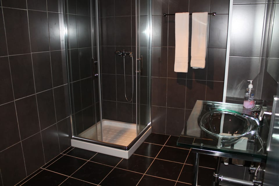 Shower, free toiletries, hair dryer, towels