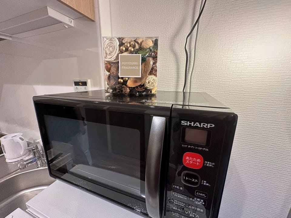 Fridge, microwave, stovetop, electric kettle
