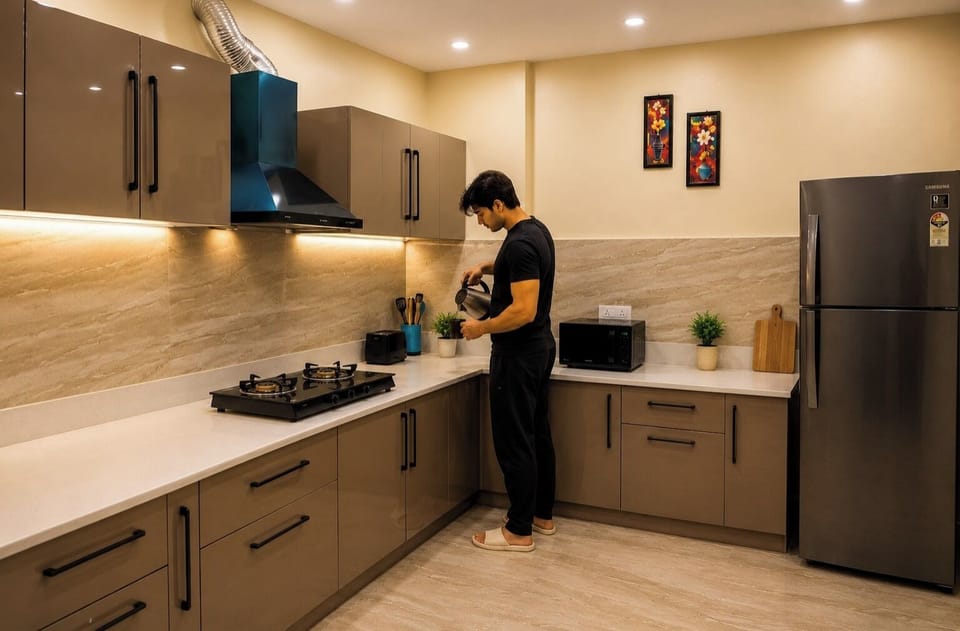 Luxury Apartment | Private kitchen | Coffee/tea maker, fridge, microwave, electric kettle