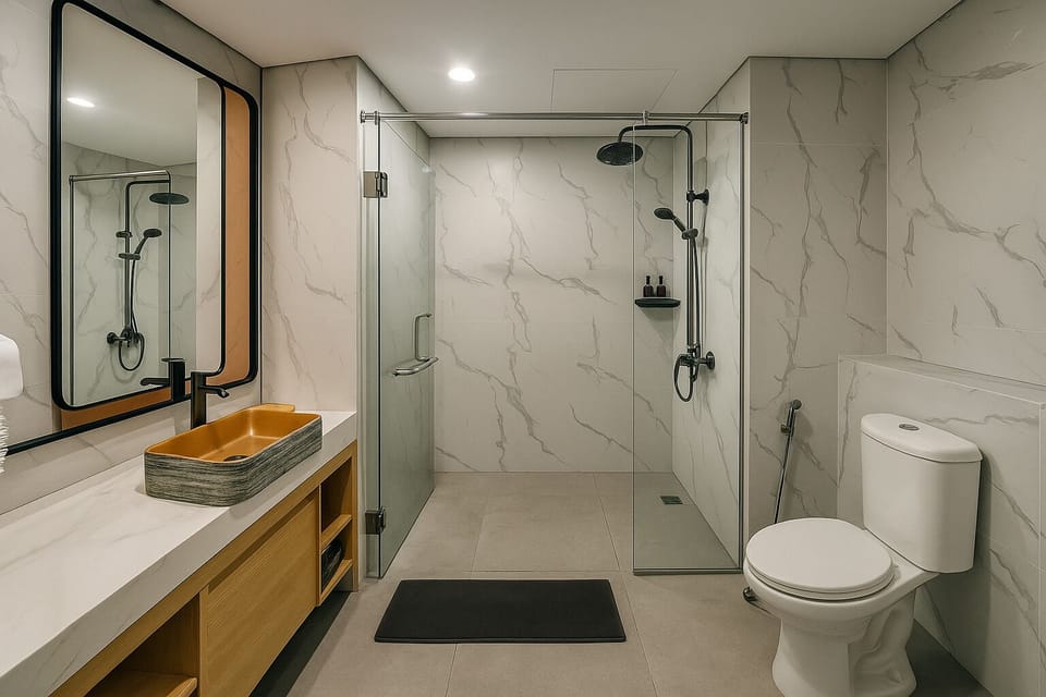 Shower, hydromassage showerhead, free toiletries, hair dryer