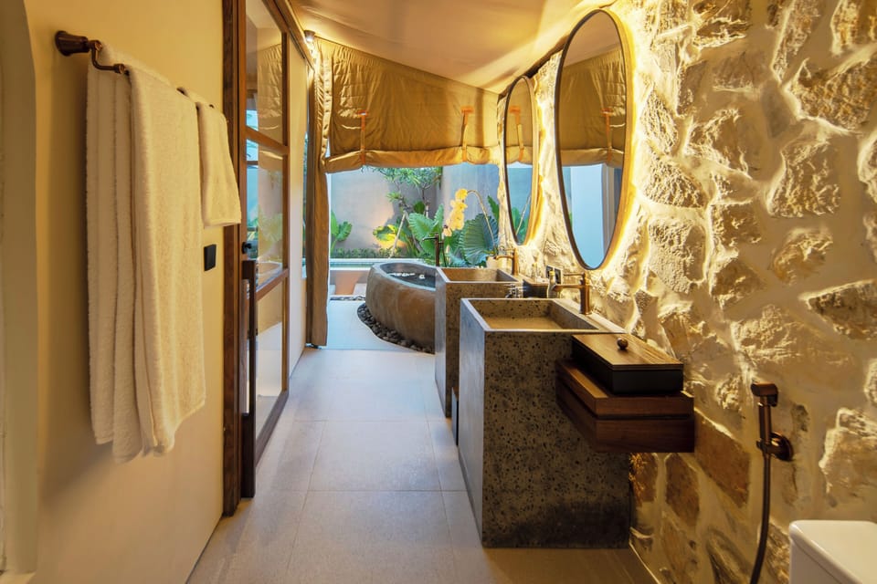 Tent, 1 Bedroom, Private Pool | Bathroom | Separate tub and shower, rainfall showerhead, designer toiletries