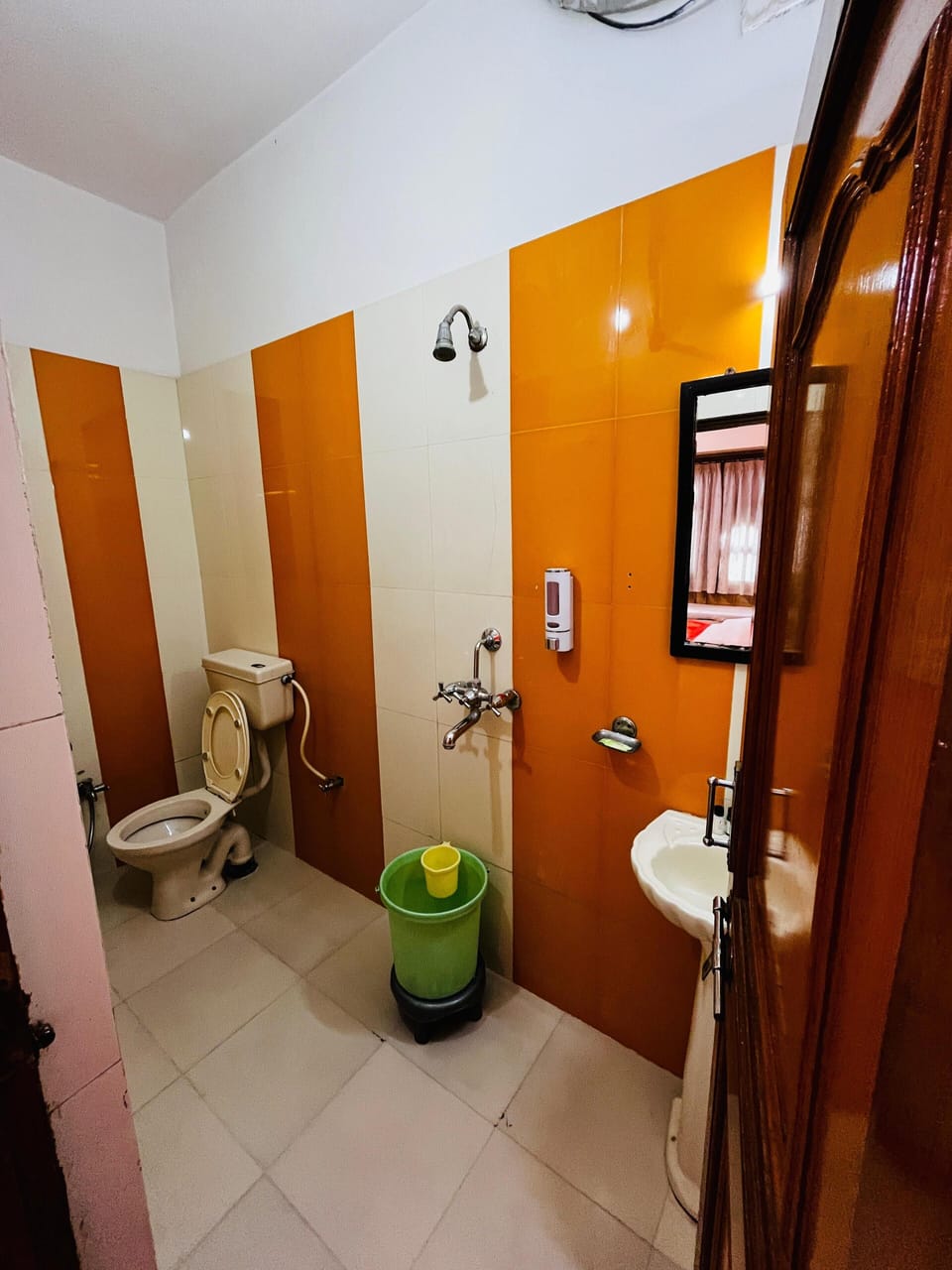 Shower, slippers, towels, soap
