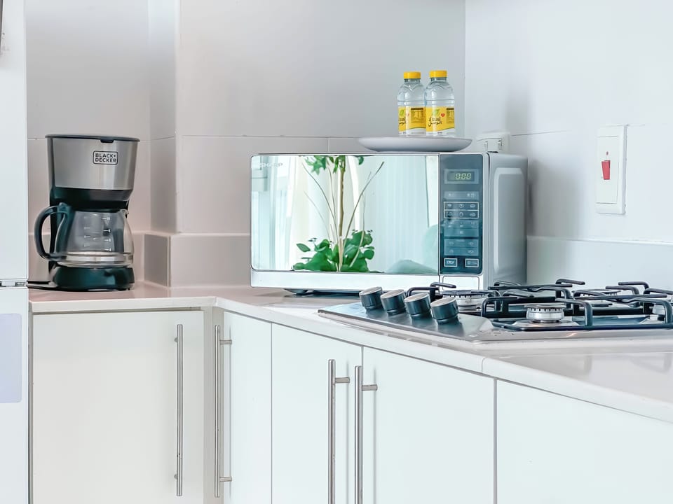 Full-size fridge, microwave, oven, stovetop