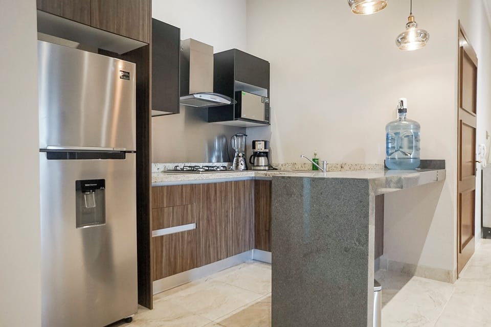Deluxe Apartment, City View | Private kitchen | Fridge, microwave, stovetop, cookware/dishes/utensils