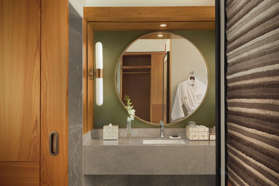 Shower, rainfall showerhead, designer toiletries, hair dryer