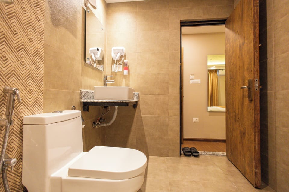 Shower, rainfall showerhead, hair dryer, slippers