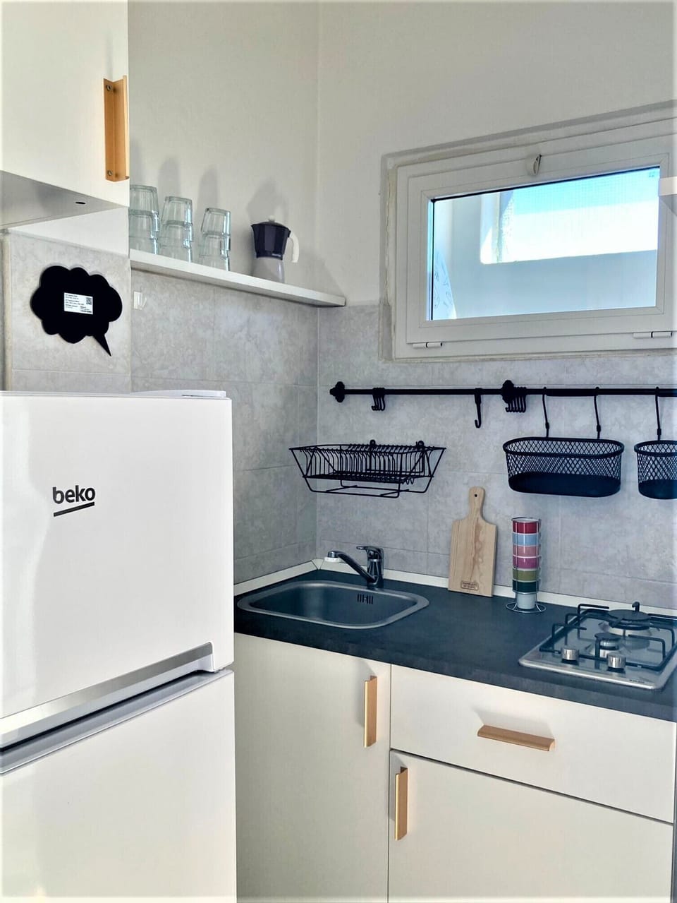 Full-size fridge, microwave, stovetop, cookware/dishes/utensils
