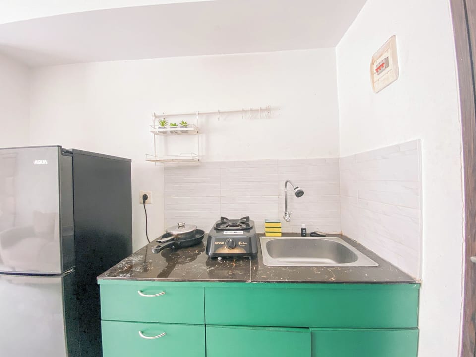 Deluxe Apartment | Private kitchen | Full-size fridge, stovetop, dining tables