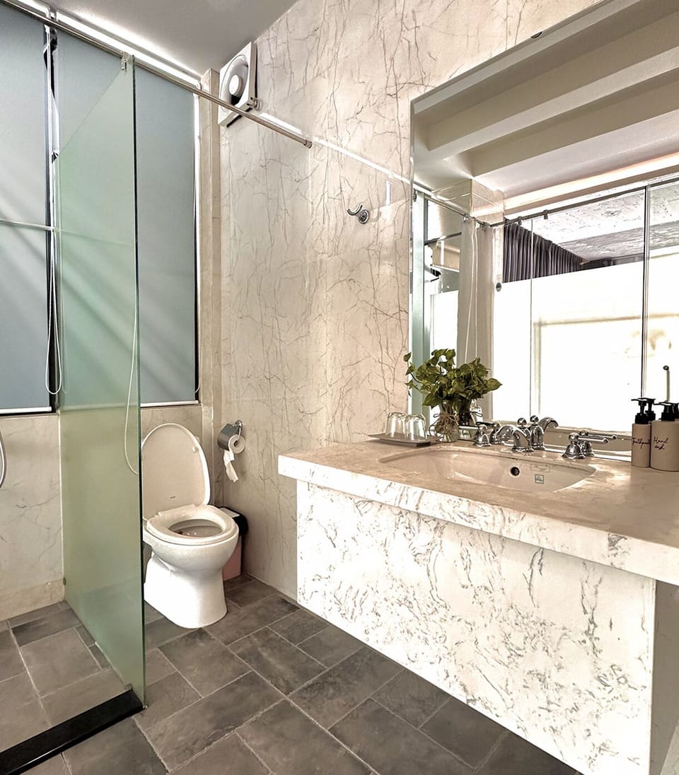 Deluxe Double Room, City View | Bathroom | Hydromassage showerhead, hair dryer, slippers, soap