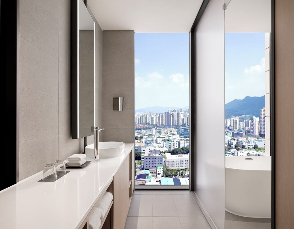 Deluxe Room, 1 King Bed, City View | Bathroom | Free toiletries, hair dryer, bathrobes, slippers
