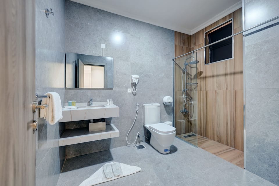 Shower, hair dryer, slippers, bidet