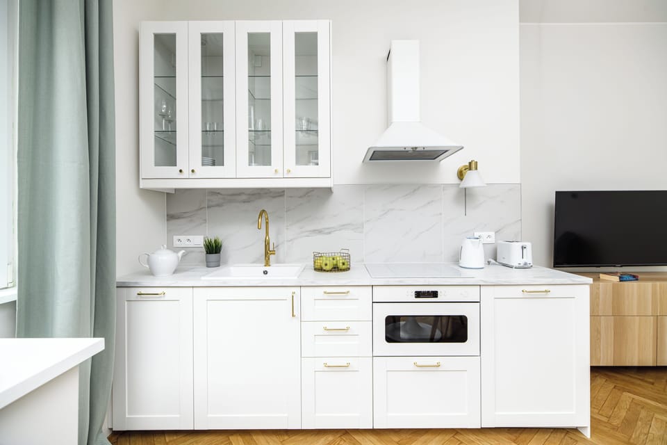 Deluxe Apartment | Private kitchen | Fridge, oven, stovetop, coffee/tea maker