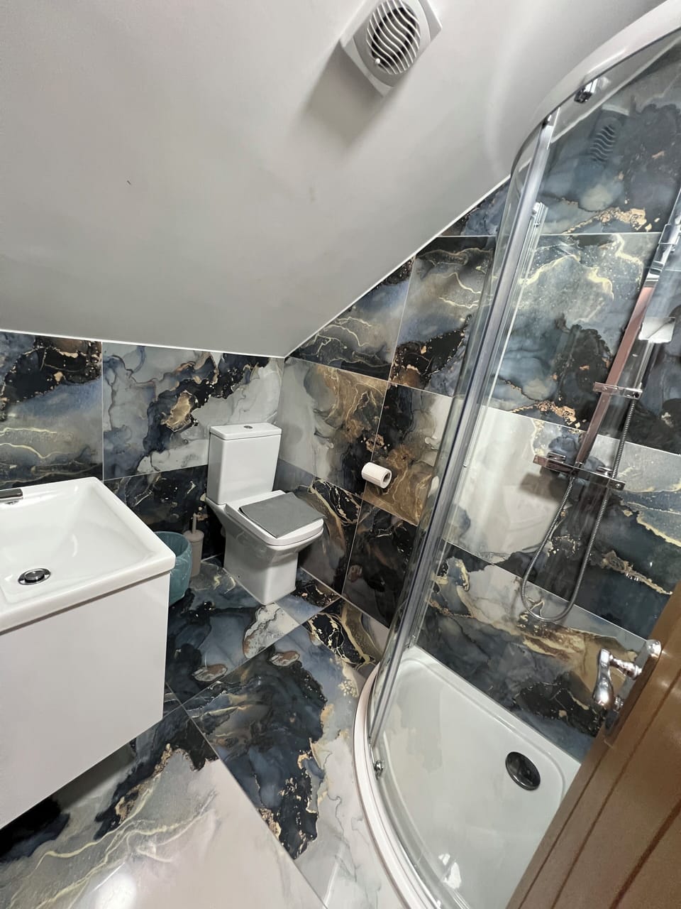 Shower, towels, shampoo, toilet paper