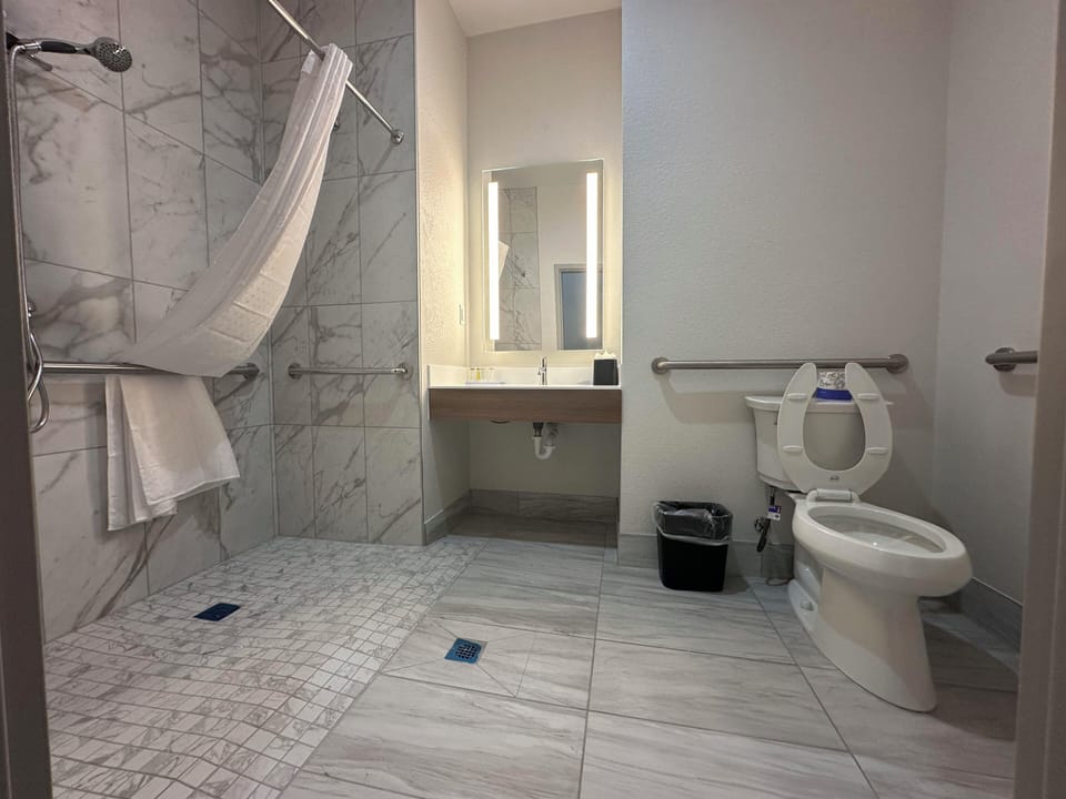 Combined shower/tub, free toiletries, hair dryer, towels