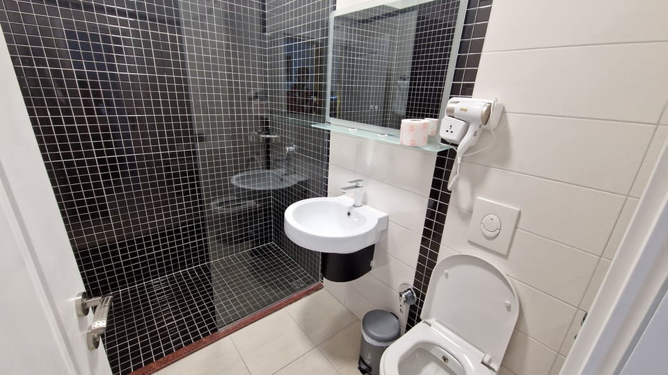 Shower, hair dryer, slippers, soap