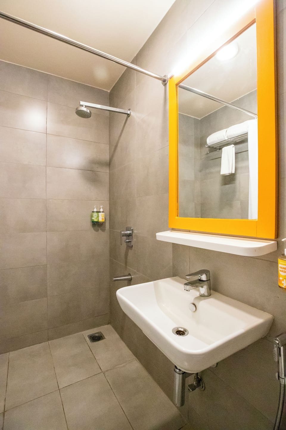 Shower, slippers, soap, shampoo