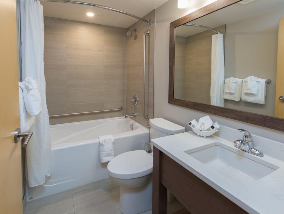 Eco-friendly toiletries, hair dryer, towels, soap