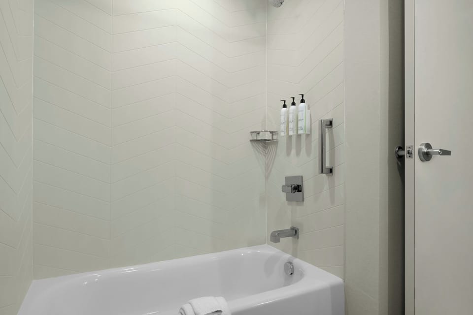 Hair dryer, towels, soap, shampoo