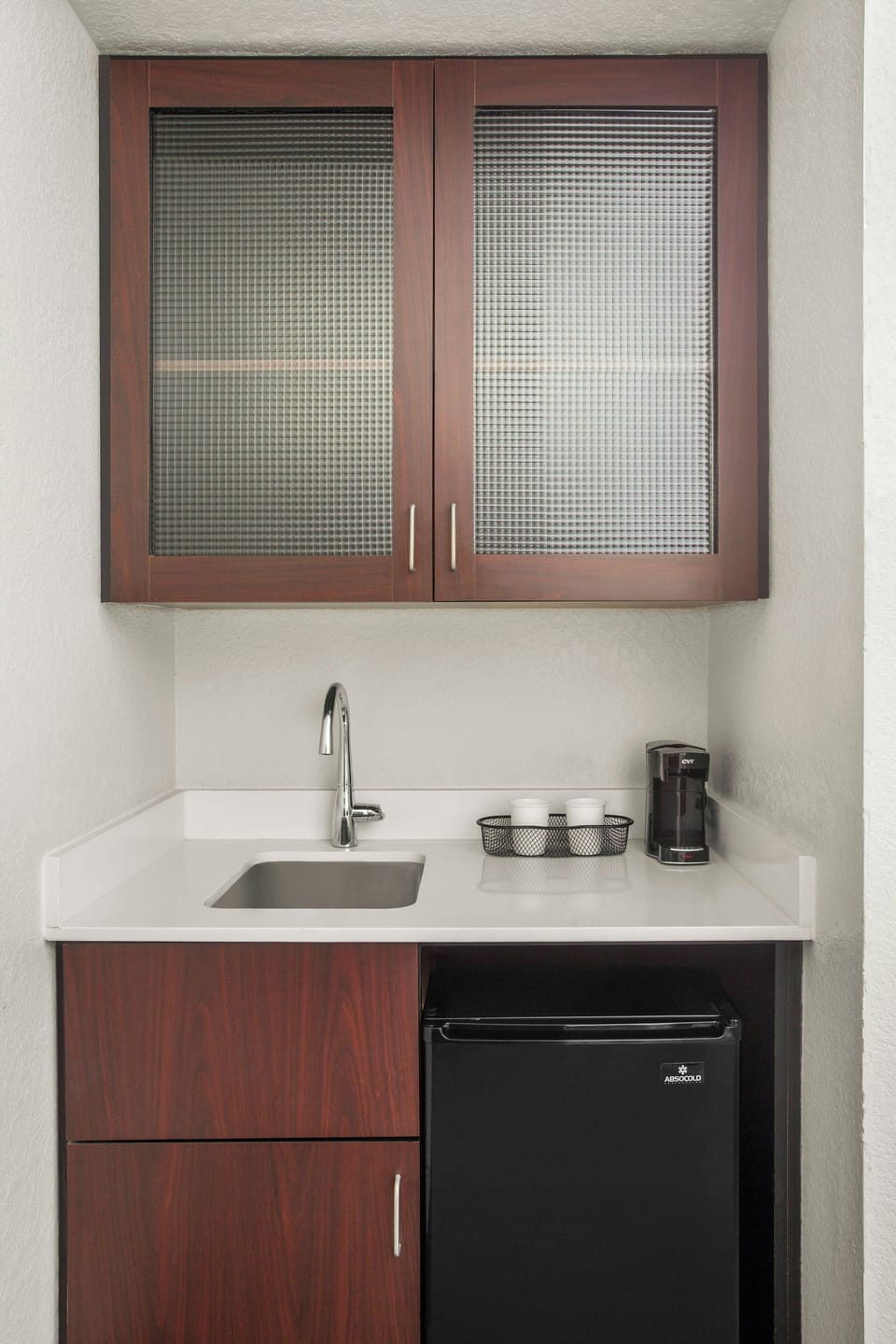 Fridge, microwave, coffee/tea maker