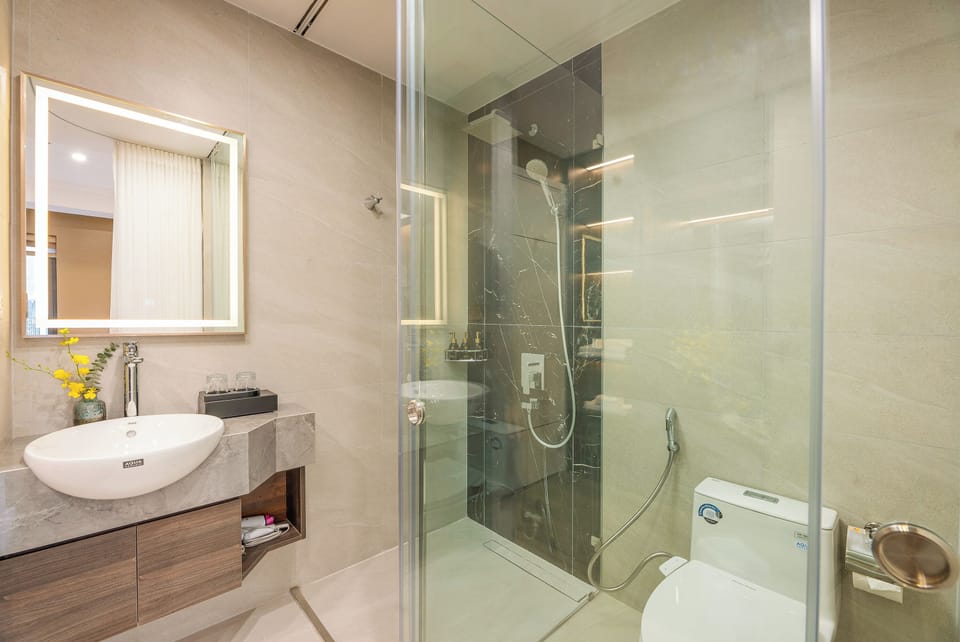 Shower, rainfall showerhead, hair dryer, slippers