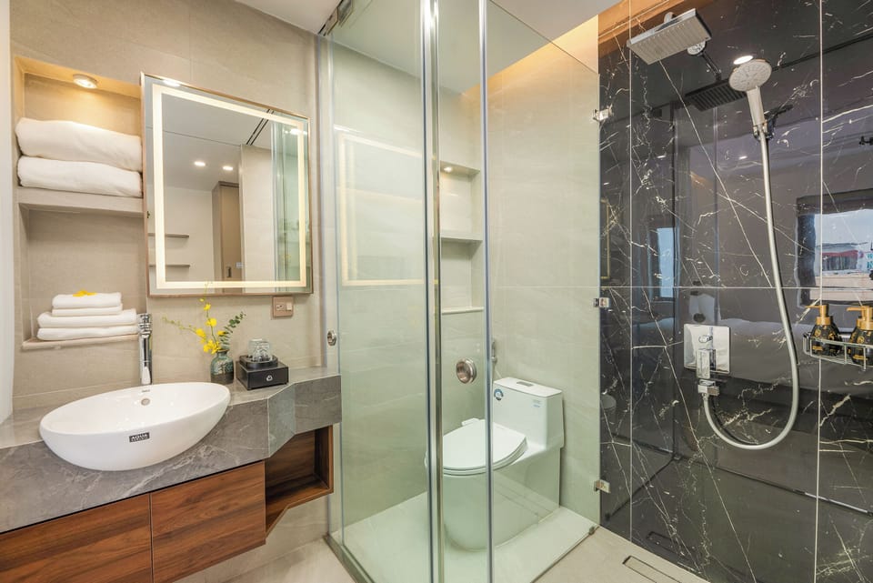 Shower, rainfall showerhead, hair dryer, slippers