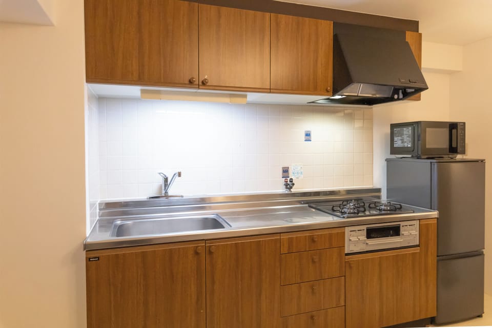 Deluxe Apartment | Private kitchen | Full-size fridge, microwave, stovetop, toaster