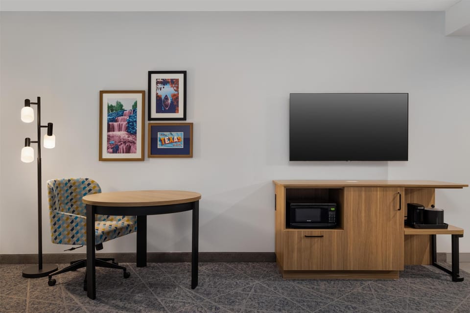 Down comforters, desk, laptop workspace, blackout drapes