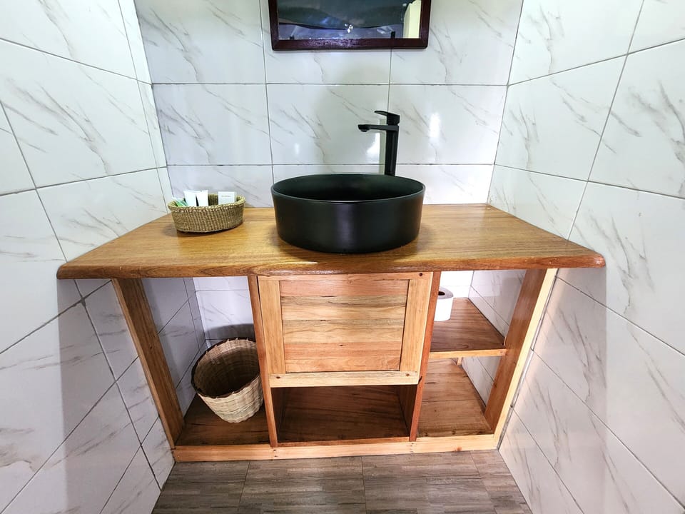 Shower, slippers, towels, soap