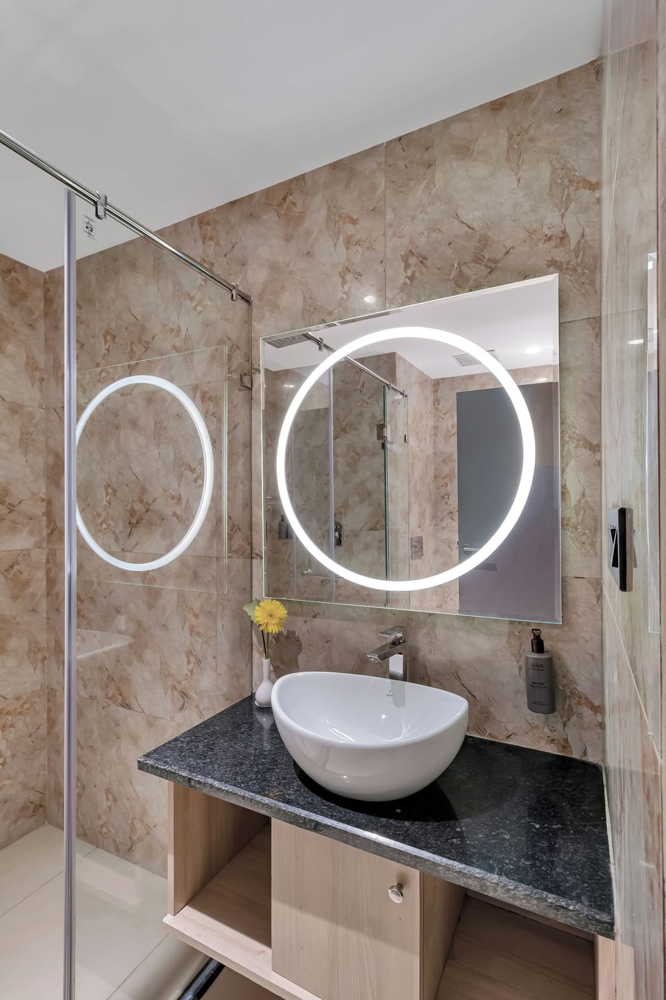 Shower, slippers, bidet, towels