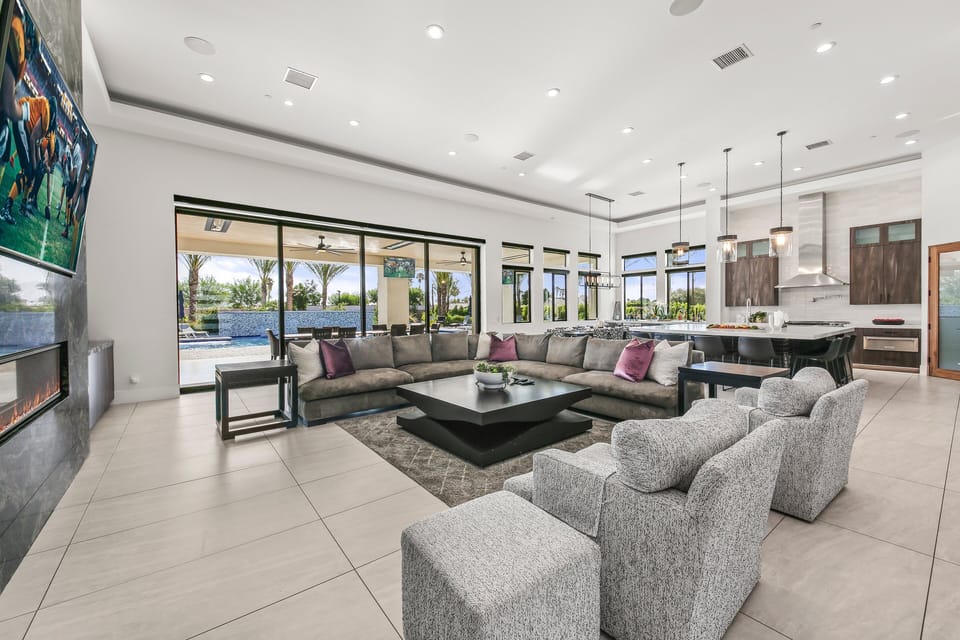 House, Multiple Beds, Pool Access, Pool View (Palm Villa- Luxury 7 Bed, Pickleball) | Living area | 42-inch flat-screen TV with digital channels