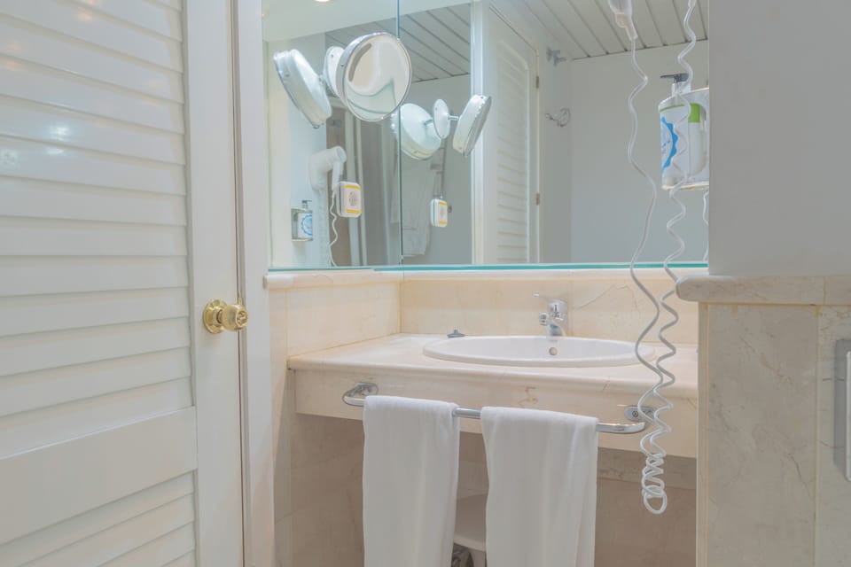 Hair dryer, bidet, towels, soap