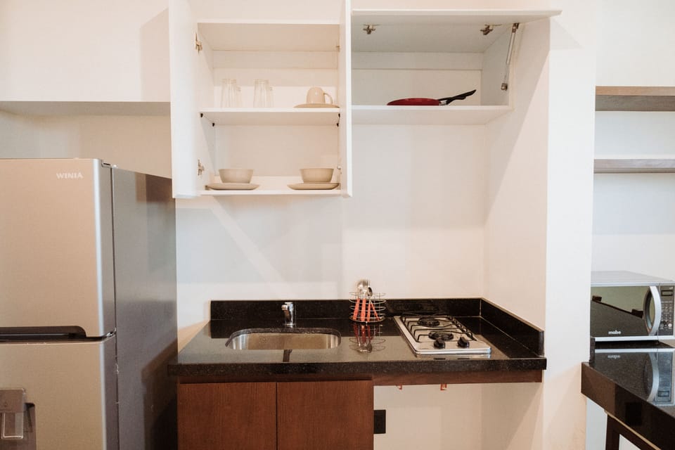 Full-size fridge, microwave, oven, stovetop