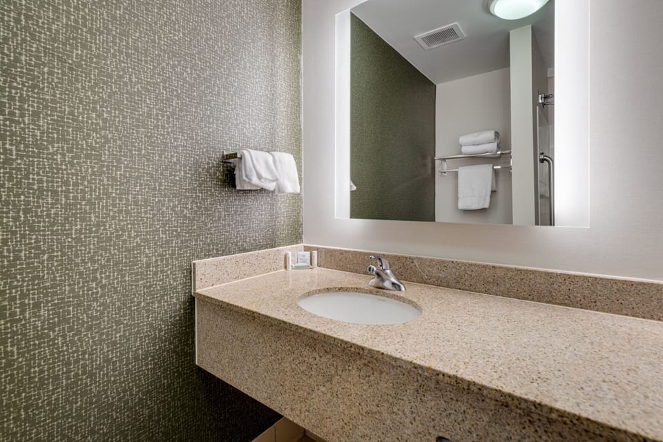 Combined shower/tub, free toiletries, hair dryer, towels