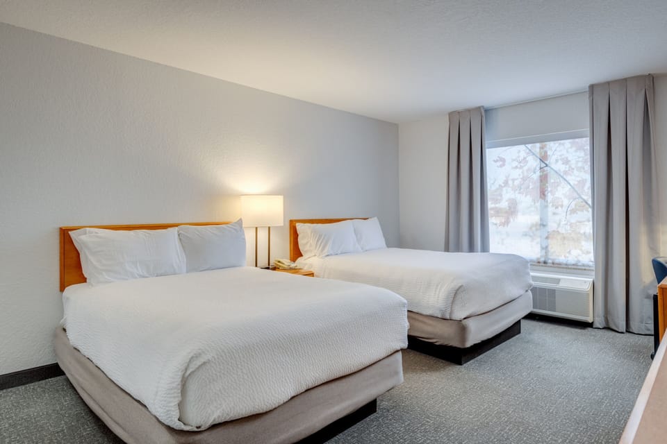 Room, 2 Double Beds | Desk, laptop workspace, blackout drapes, iron/ironing board