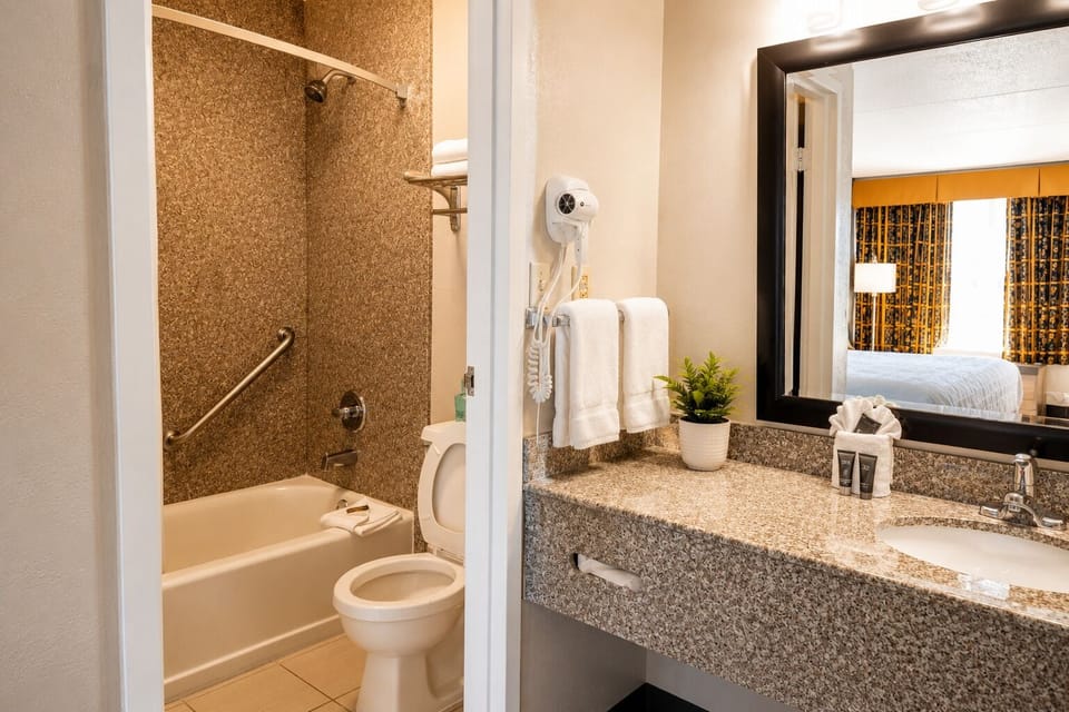 Combined shower/tub, free toiletries, hair dryer, towels