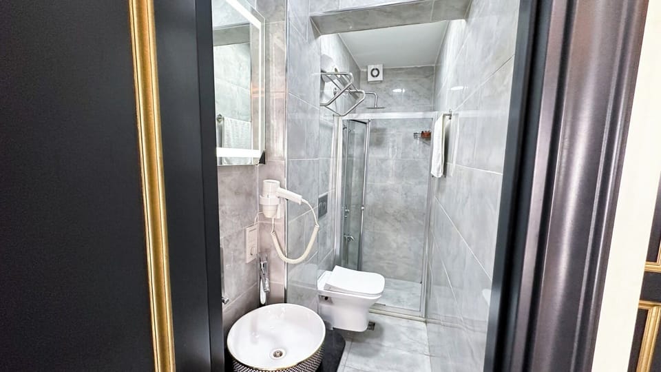 Hair dryer, towels, soap, shampoo
