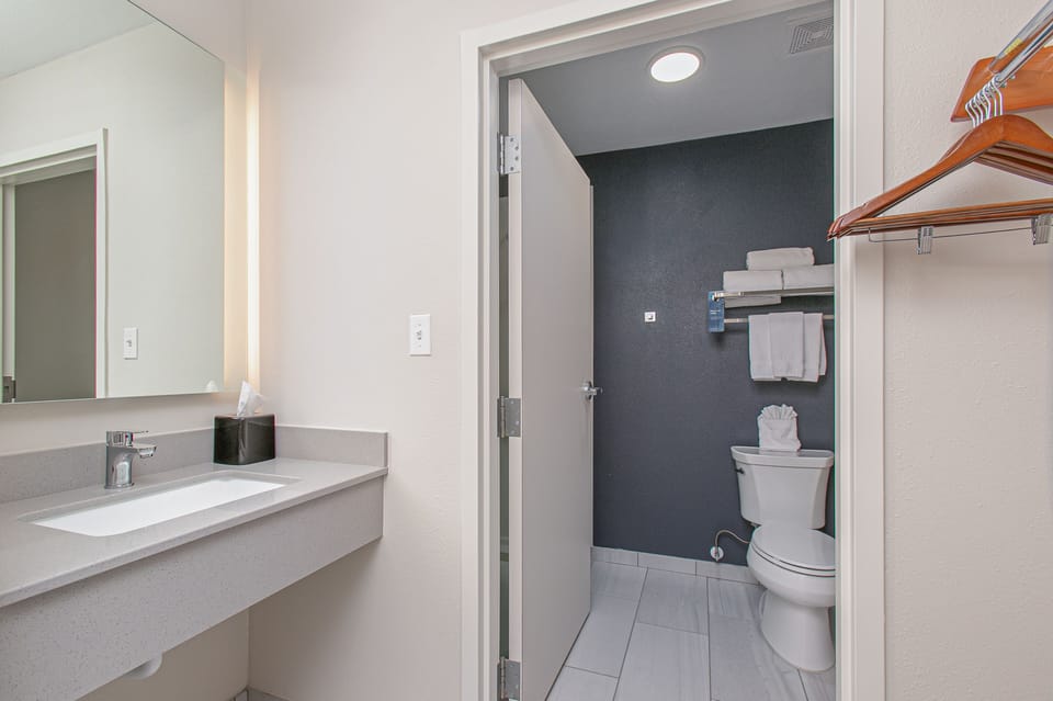 Combined shower/tub, free toiletries, hair dryer, towels