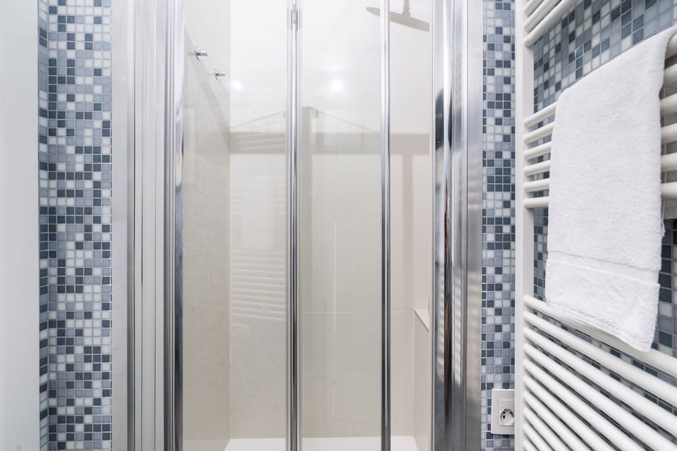 Basic Apartment | Bathroom | Shower, rainfall showerhead, hair dryer, towels