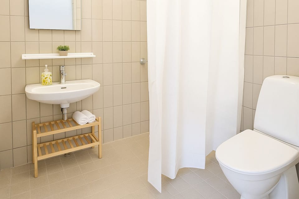 Shower, towels, soap, toilet paper