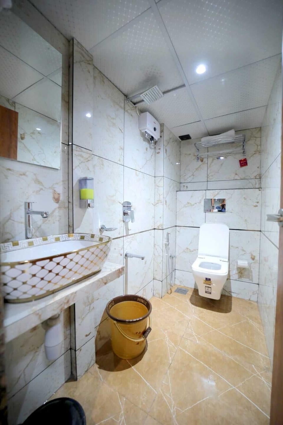 Shower, slippers, towels, soap