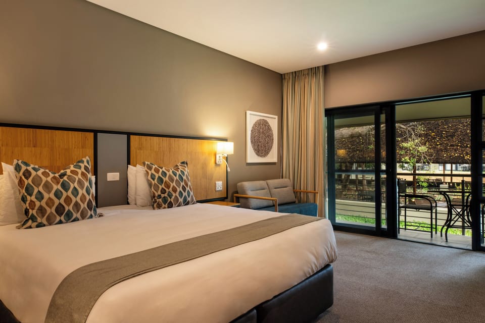 Premium bedding, memory foam beds, desk, laptop workspace