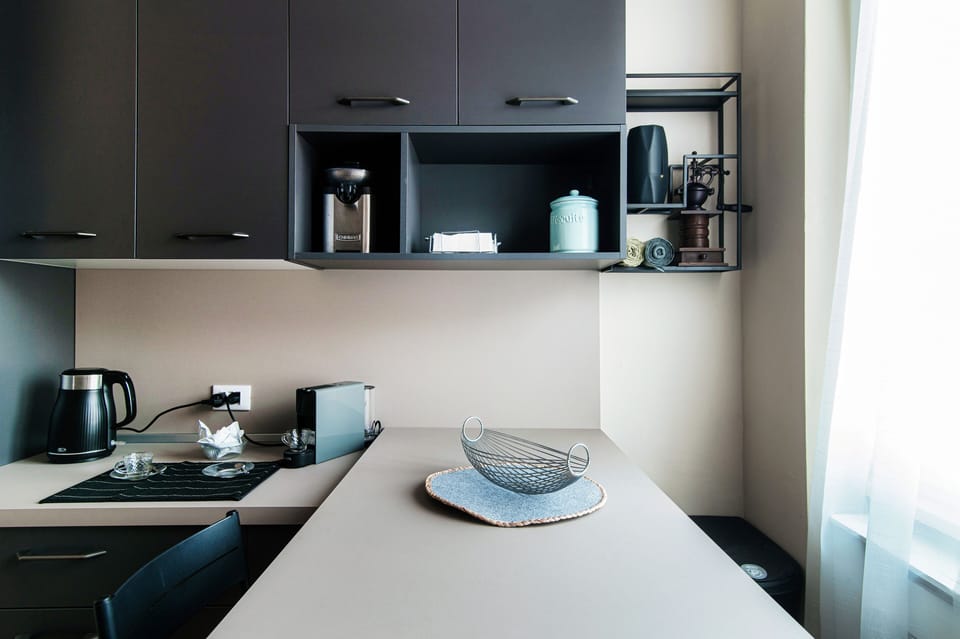 Apartment | Private kitchen | Full-size fridge, microwave, oven, stovetop