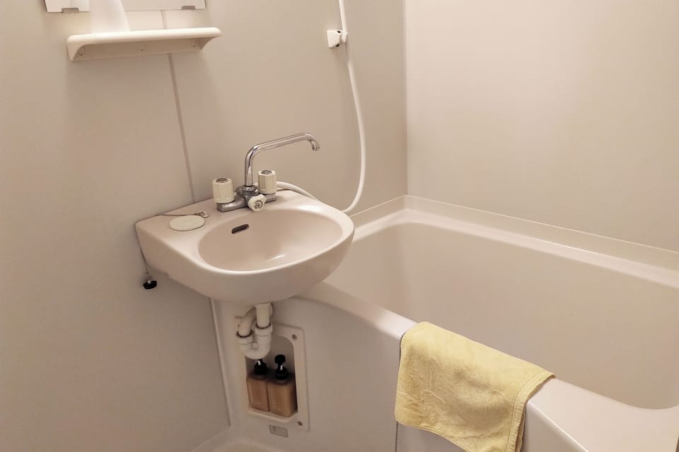 Combined shower/tub, hair dryer, slippers, bidet